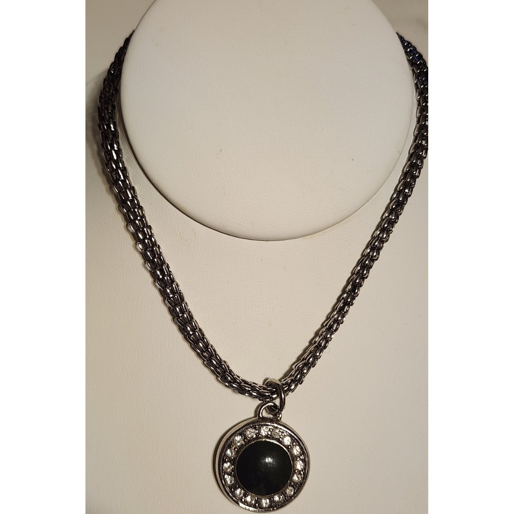Silver Tone Black Enamel Rhinestone Halo Pendant Popcorn Chain Necklace 16" - Picture 2 of 7